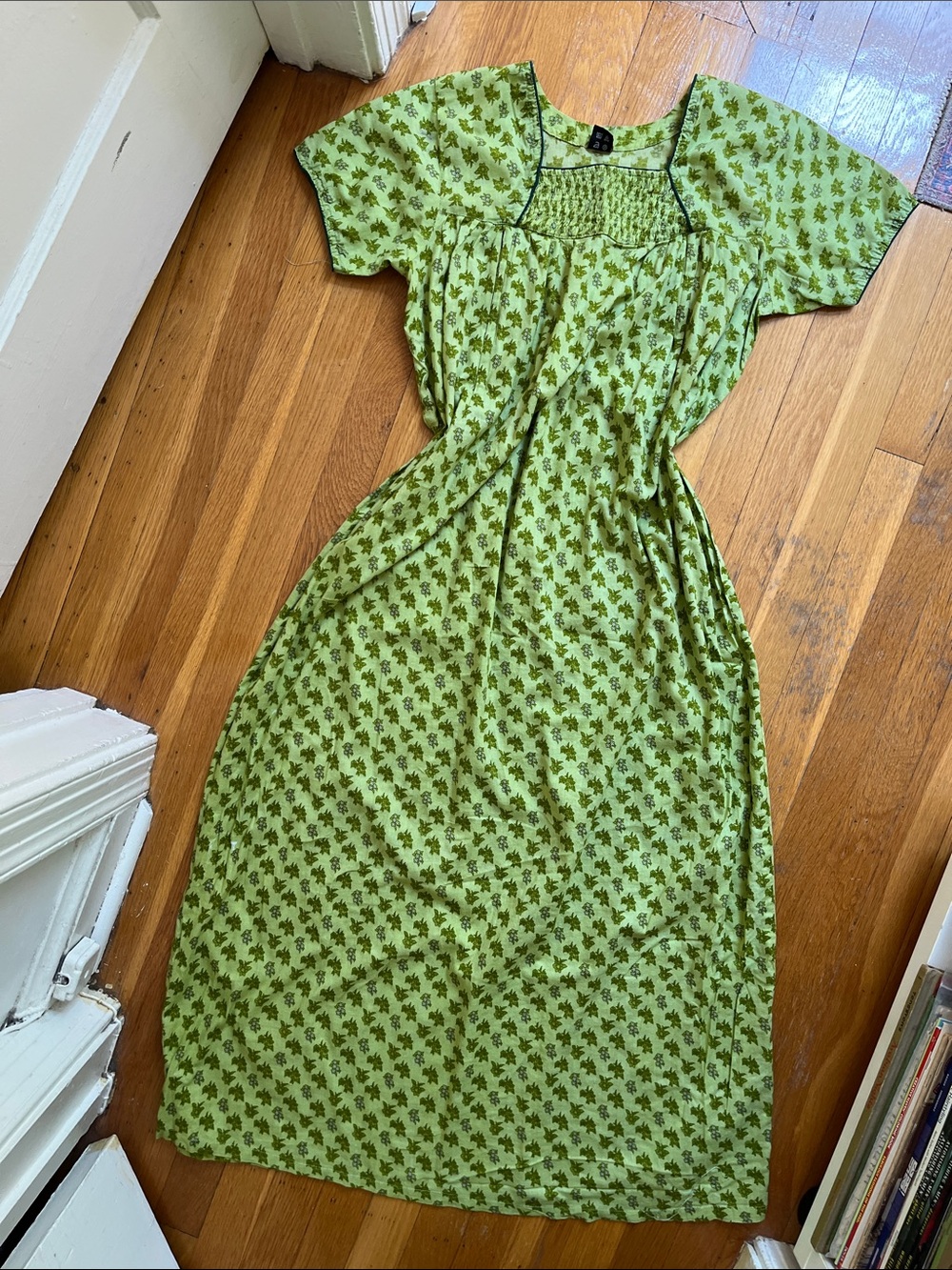 Block Printed Green Floral Caftan Style Short Sleeve Maxi Nursing Dress
